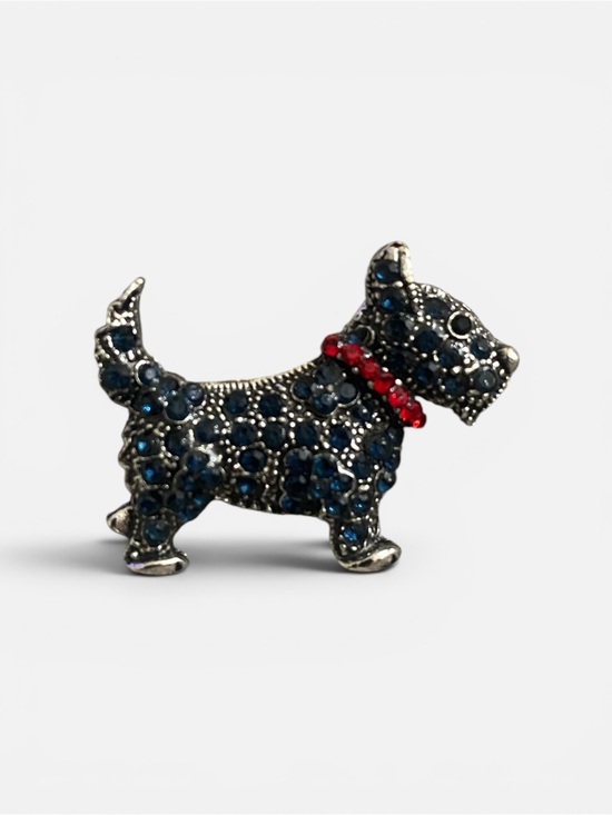 Jewelry - Dog Brooch Pin with Blue Rhinestones and Red Collar
